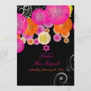 Invitación Linternas rosa+naranja de PixDezines/bar mitzvah