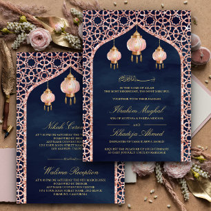 Invitación Linternas Rosadas Azul Marino Rosa Dorado Boda Mus