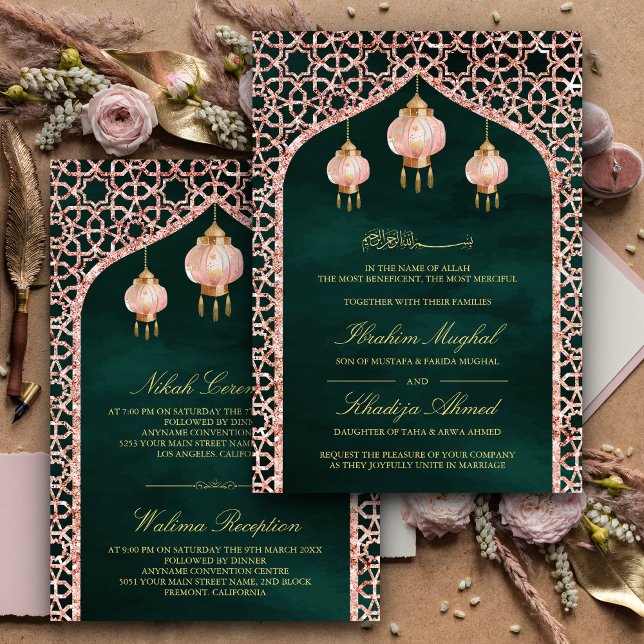 Invitación Linternas rosadas Rosa esmeralda dorado Musulmán B (Subido por el creador)