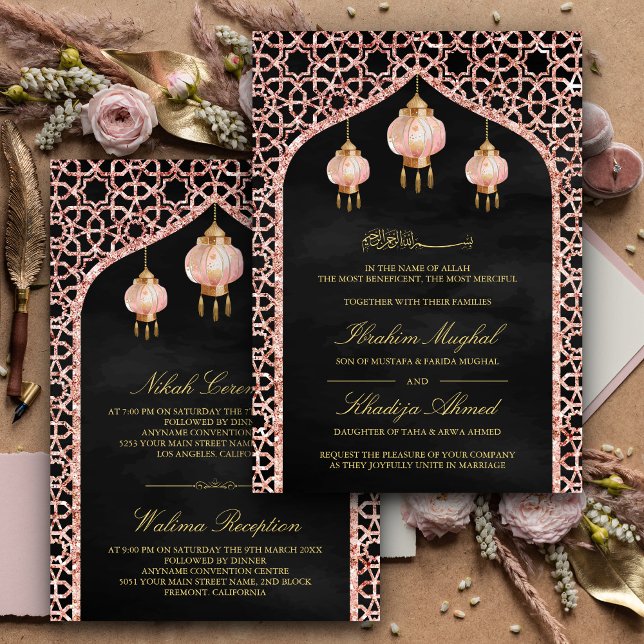 Invitación Linternas rosas Rosa negro Boda musulmán de oro (Subido por el creador)