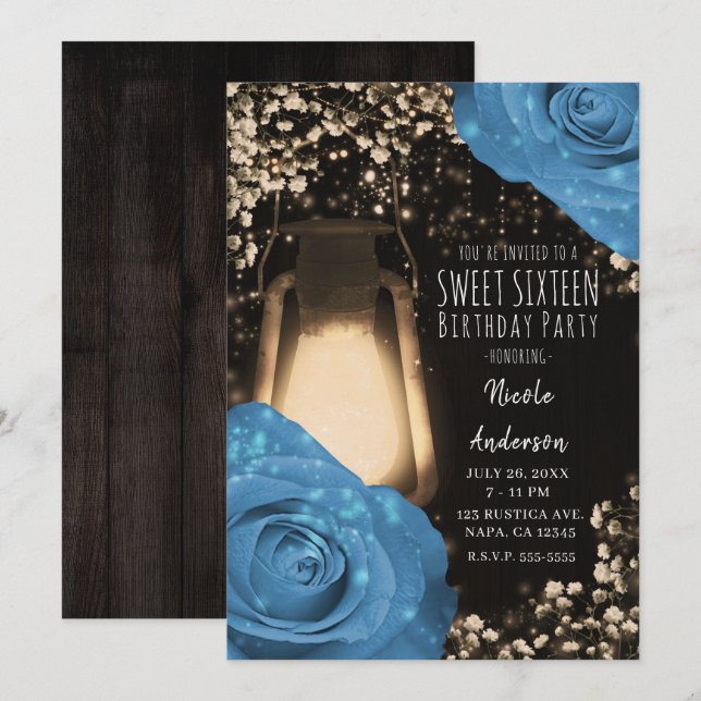 Invitación Linternas Rustic Glow Rosas Azul de Aciano Dulces  (Anverso / Reverso)
