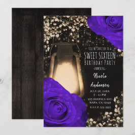 Invitación Linternas Rustic Glow y Rosas Violetas Moradas Cum