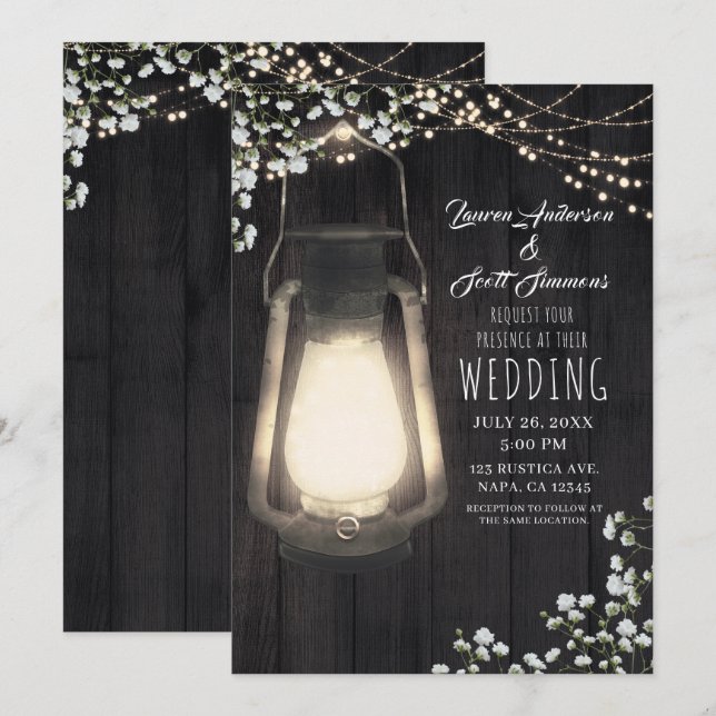 Invitación Linternas Rústicas, Aliento de Bebé y Luces de Bod (Anverso / Reverso)