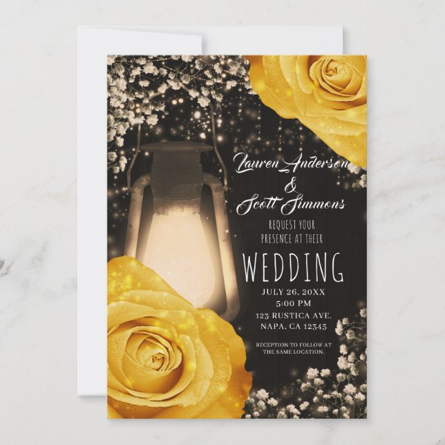 Invitación Linternas Rústicas Glow Amarillo Dorado Rosas Boda (Anverso)