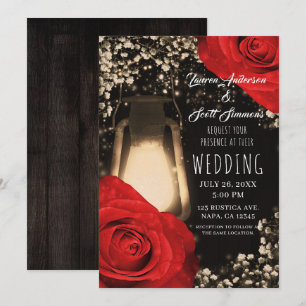 Invitación Linternas Rústicas Glow Rosas Rojas Brillantes Bod