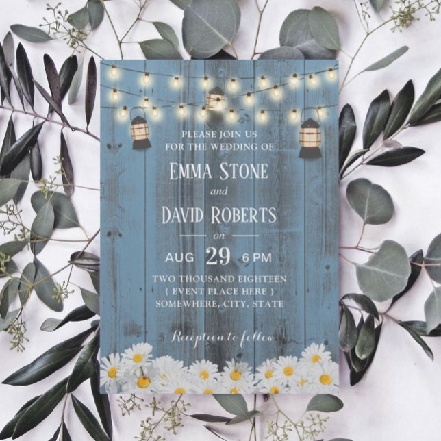 Invitación Linternas rusticas y flores de margarita Boda azul (Subido por el creador)