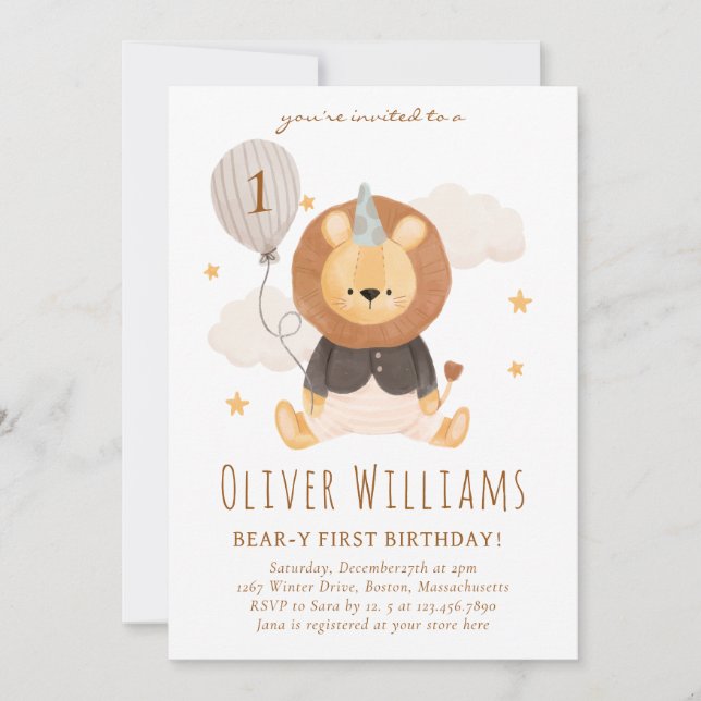 Invitación lion 1st birthday blue balloon (Anverso)