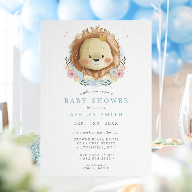 Invitación Lion Blue Floral Baby Shower (Subido por el creador)