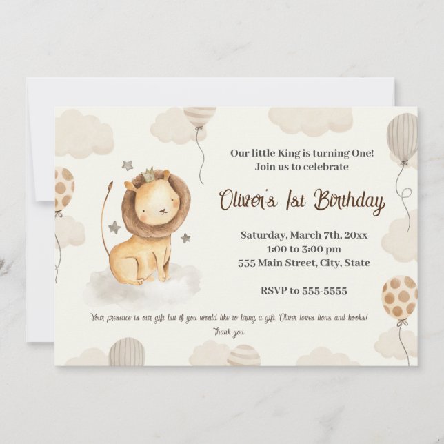 Invitación Lion boy birthday invitation cute watercolor  (Anverso)