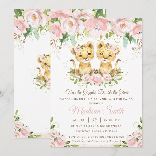 Invitación Lion Cubs Rubor Gemelos Florales Rosa Baby Shower (Anverso / Reverso)