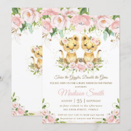 Invitación Lion Cubs Rubor Gemelos Florales Rosa Baby Shower