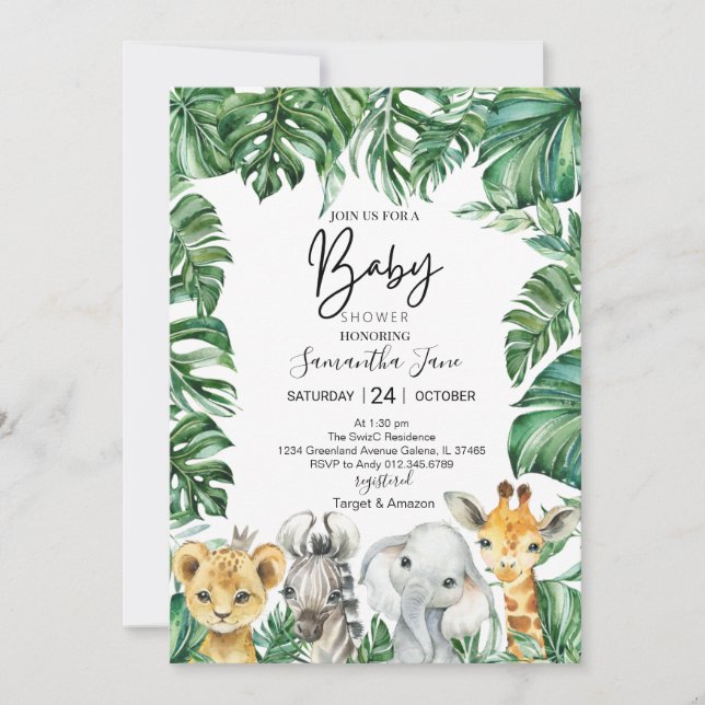 Invitación Lion Giraffe Elephant Safari Jungle Baby Shower (Anverso)