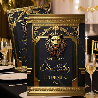 Invitación Lion Head King Marble Black Gold Birthday Party