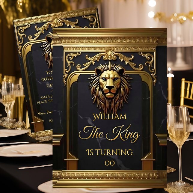 Invitación Lion Head King Marble Black Gold Birthday Party (Subido por el creador)