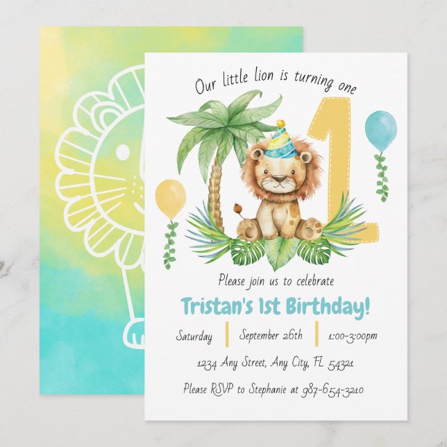 Invitación Lion Safari 1st Birthday Invitation (Anverso / Reverso)