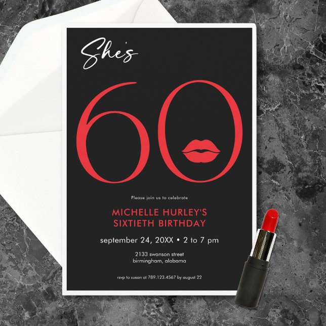 Invitación Lips rojas minimales modernas de 60 años (Modern Minimal Red Lips She's Sixty Birthday Invitation)