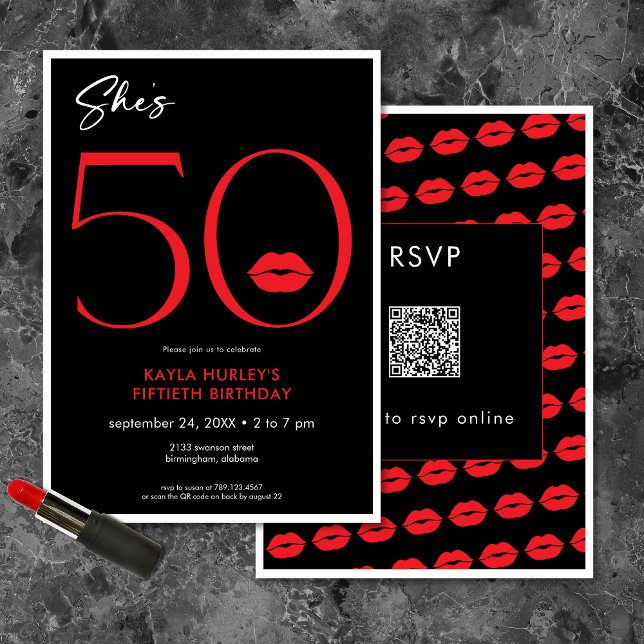 Invitación Lips rojas mínimas modernas ella tiene 50 años QR (Modern Minimal Red Lips She's Fifty Birthday QR Invitation)