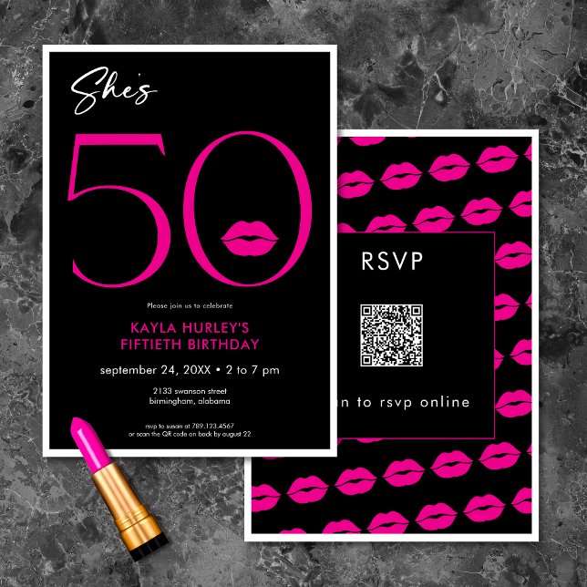 Invitación Lips rosadas minimales modernas de 50 años QR (Modern Minimal Pink Lips She's Fifty Birthday QR Invitation)