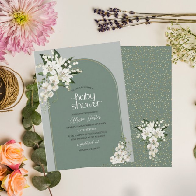 Invitación Lirio blanco acuarela y fondo verde Bebé Sh (Subido por el creador)