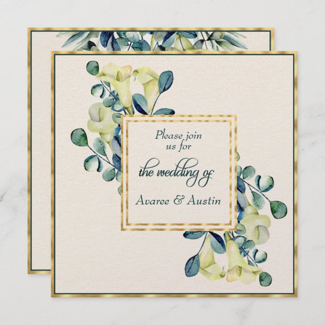 Invitación Lirio blanco de Calla y marfil de eucalipto y oro (Anverso / Reverso)