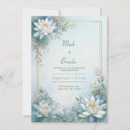 Invitación Lirio de Agua Azul Brumoso Marco Dorado Boda