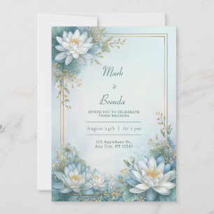 Invitación Lirio de Agua Azul Brumoso Marco Dorado Boda
