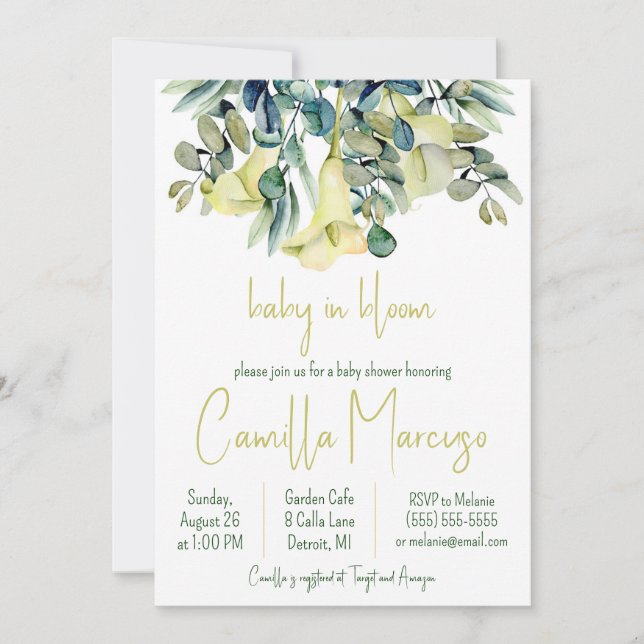 Invitación Lirio de Calla blanca florece bebé en Baby Shower  (Anverso)