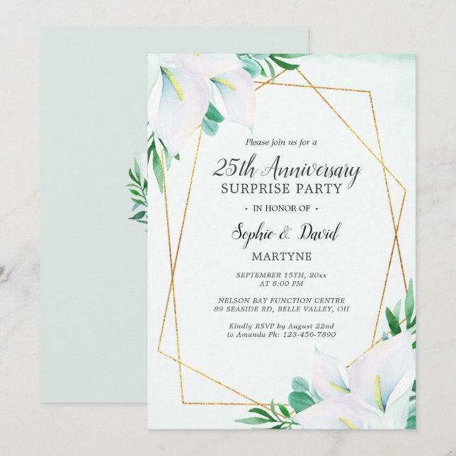 Invitación Lirio de Calla Blanco Geométrico 25 Aniversario (Anverso / Reverso)