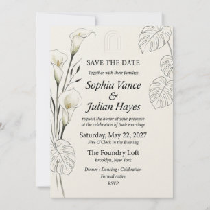 Invitación Lirio de Calla Blanco, Hoja de Monstera de Contorn