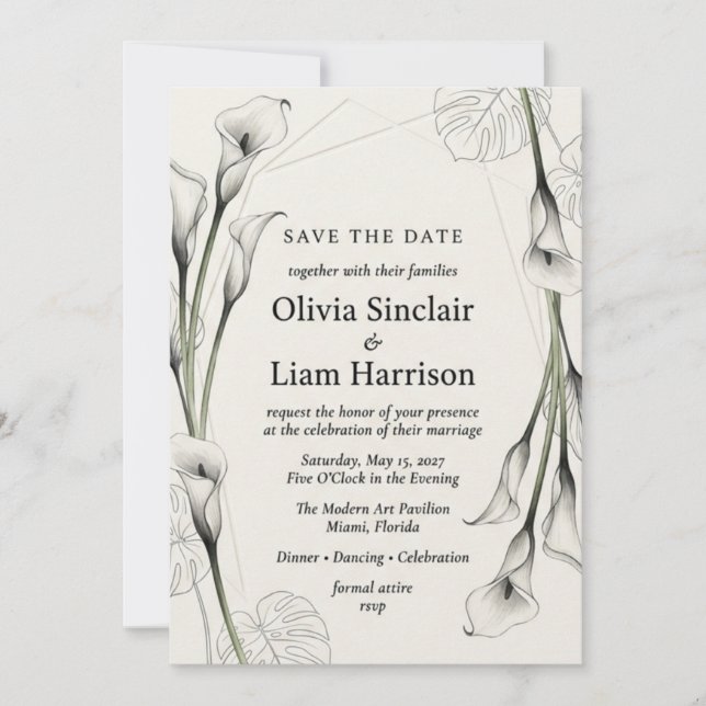 Invitación Lirio de Calla Monocromático y Hoja de Monstera Ac (Anverso)