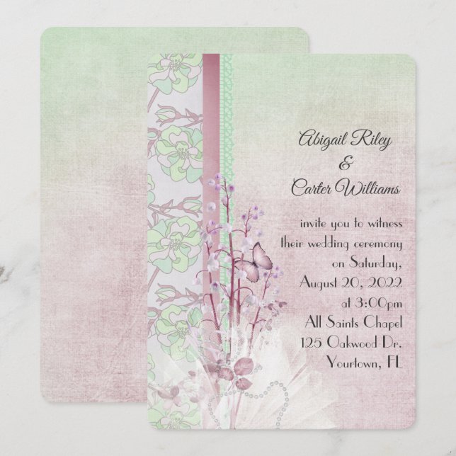 Invitación lirio del valle y mariposa con perlas (Anverso / Reverso)