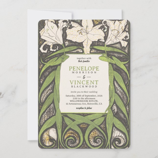 Invitación Lirio elegante de Art Nouveau (Anverso)