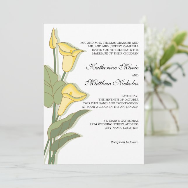 Invitación Lirio elegante de Calla en Boda amarillo (Anverso de pie)