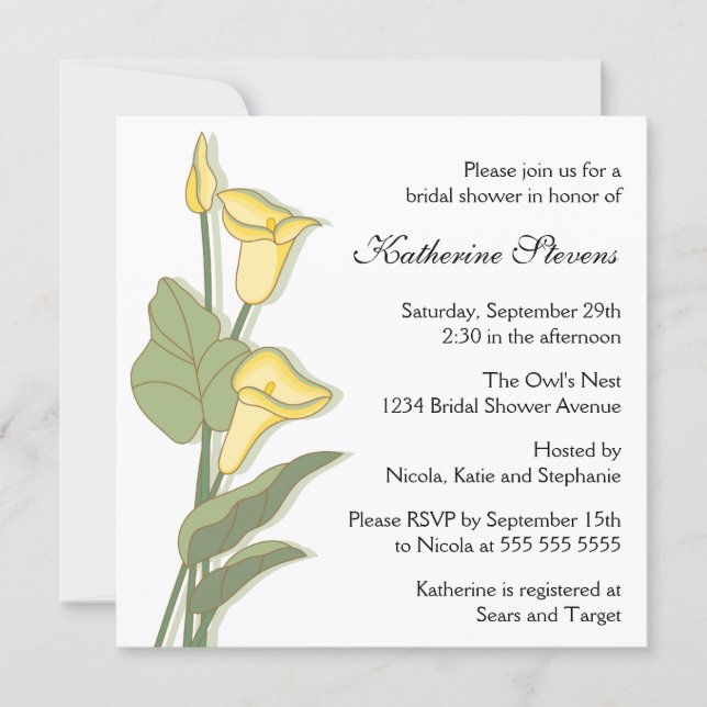 Invitación Lirio elegante de Calla en ducha de novia amarilla (Anverso)