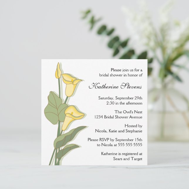 Invitación Lirio elegante de Calla en ducha de novia amarilla (Anverso de pie)