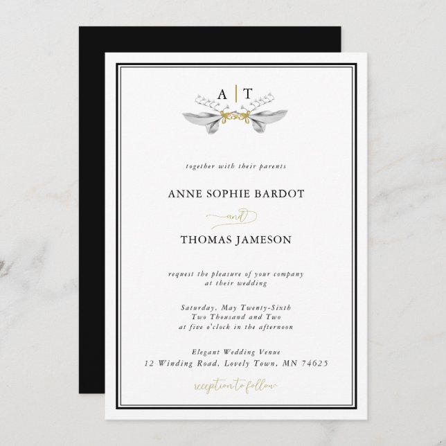 Invitación Lirio elegante del valle Escudo Boda blanco negro (Anverso / Reverso)