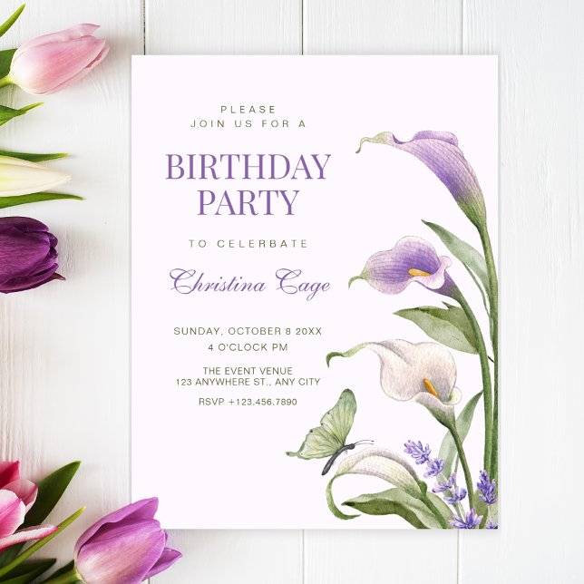 Invitación Lirio púrpura floral cumpleaños (Subido por el creador)