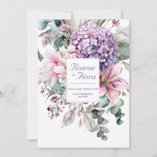 Invitación Lirio Rosa Elegante Hortensia Púrpura Acuarela