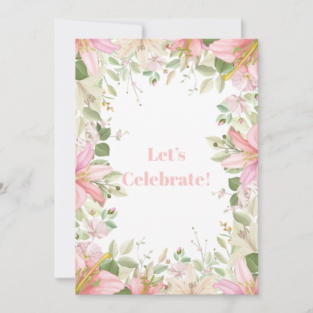 Invitación Lirio rosa, flores, borde floral (Anverso)