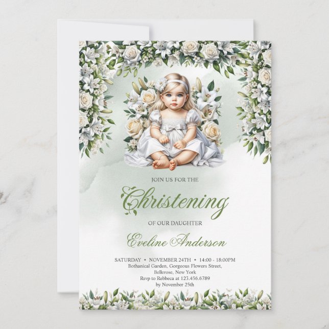 Invitación Lirios acuarelas y rosas chica Christening (Anverso)