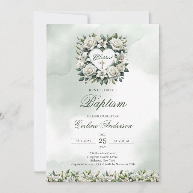 Invitación Lirios blancos de acuarela y bautismo de oro (Anverso)