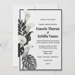 Invitación Lirios de Calla Negros y Blancos, Hojas de Monster