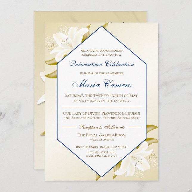 Invitación Lirios y azules marinos Quinceañera del oro (Anverso / Reverso)