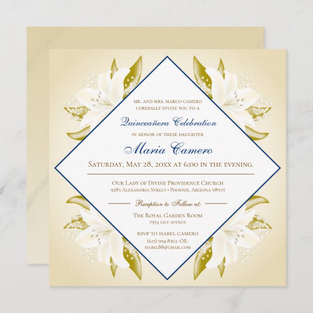Invitación Lirios y azules marinos Quinceañera del oro (Anverso / Reverso)