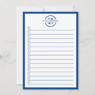 Invitación Lista de tareas con monograma de nombre en azul mo