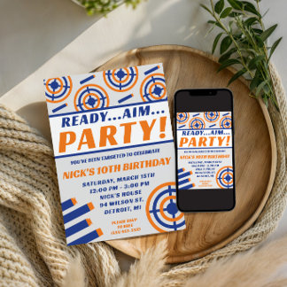 Invitación ¡Listo, Apunta, Fiesta! Cumpleaños Temático con Pi