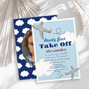 Invitación Listo cuatro despegar avión foto cumpleaños 4