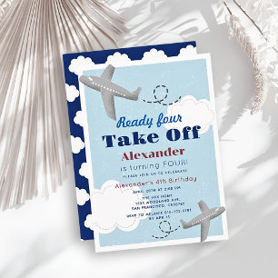 Invitación Listo cuatro despegar avión niño cumpleaños 4