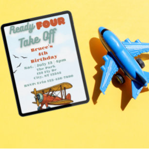 Invitación Listo CUATRO Despegue, avión cumpleaños 4