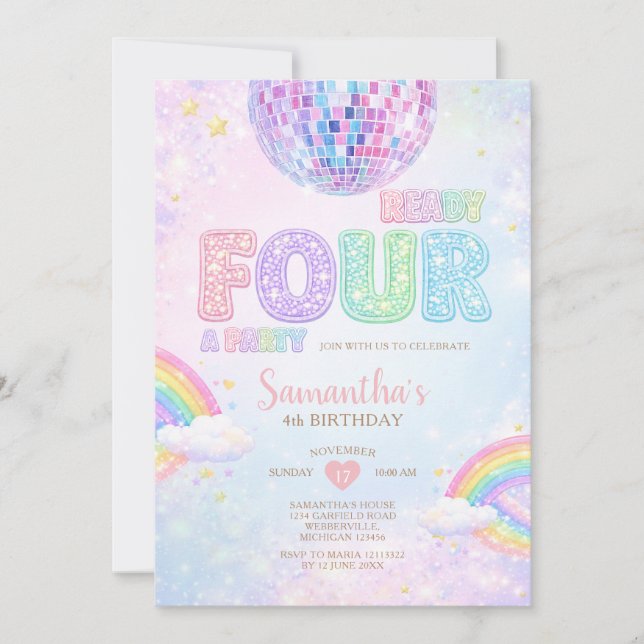 Invitación Listo CUATRO para una fiesta Cumpleaños Arcoíris D (Anverso)